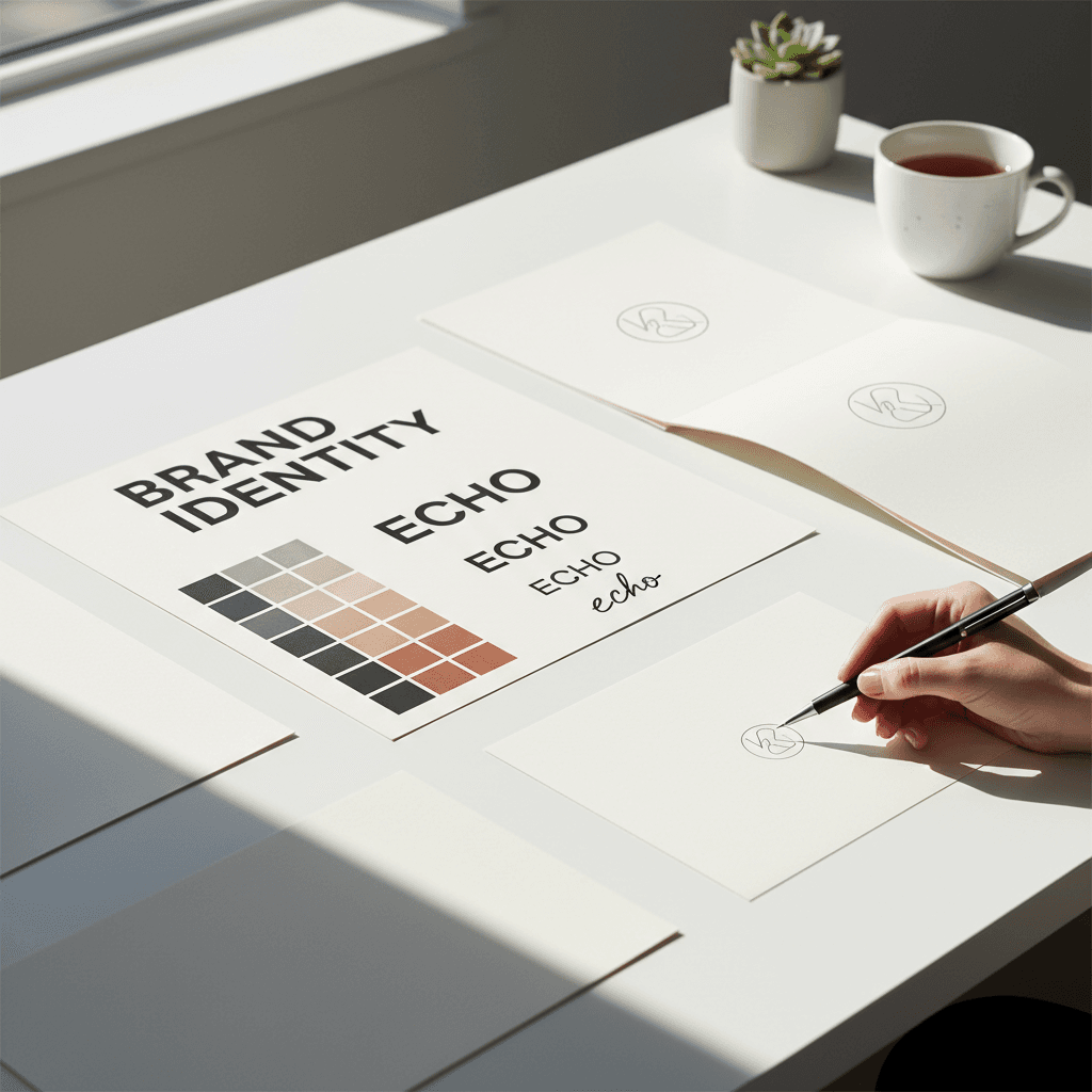 Brand strategy and identity materials laid out on a designer's desk