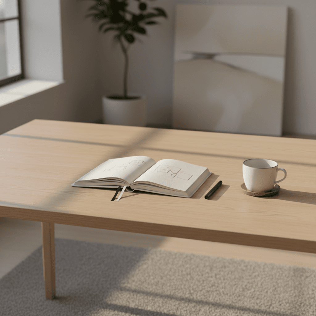 Designer's workspace with notebook and natural light