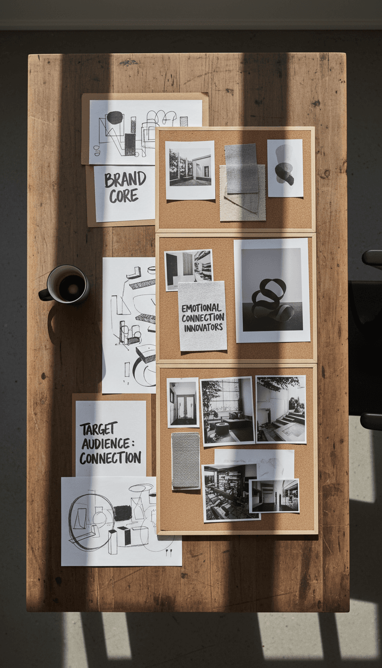 Brand strategy workspace with hand-drawn positioning sketches and mood boards in natural light