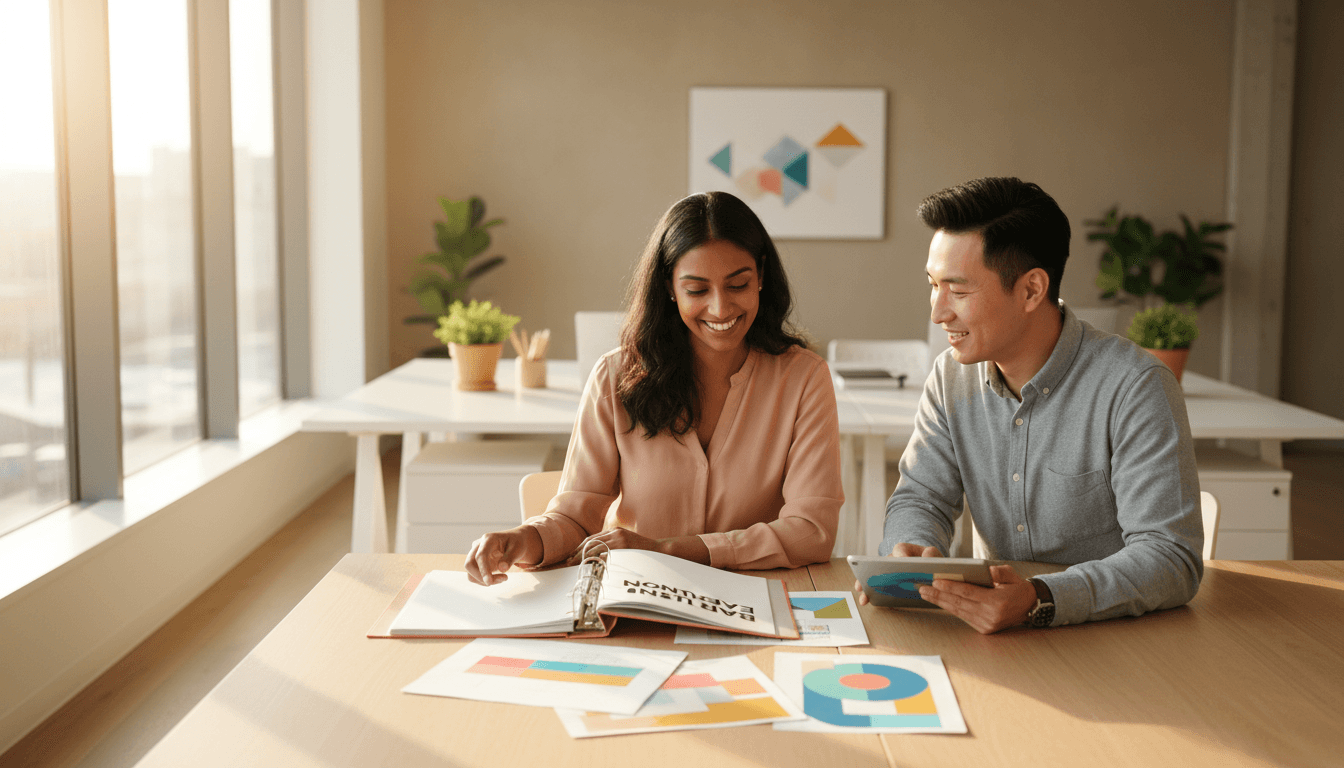 Brand consultant and client collaborating on brand strategy