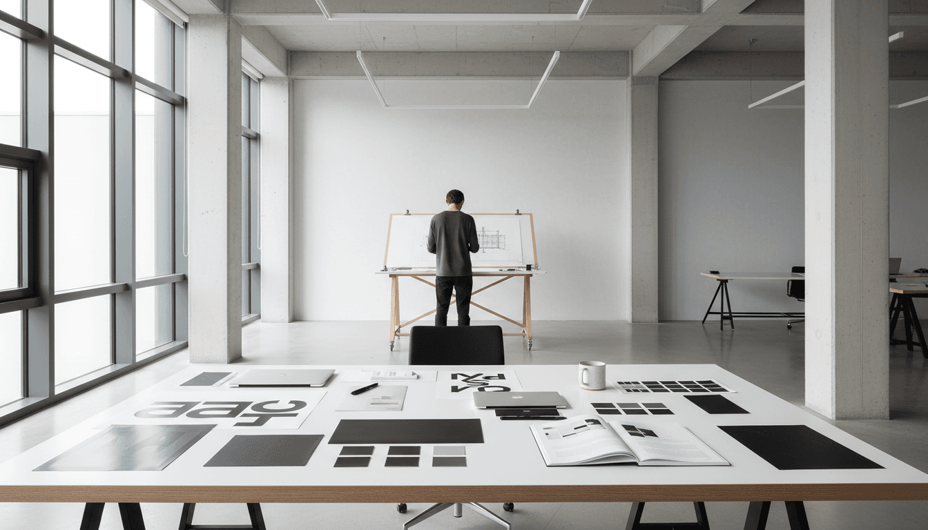 Minimalist creative workspace with design materials and natural light