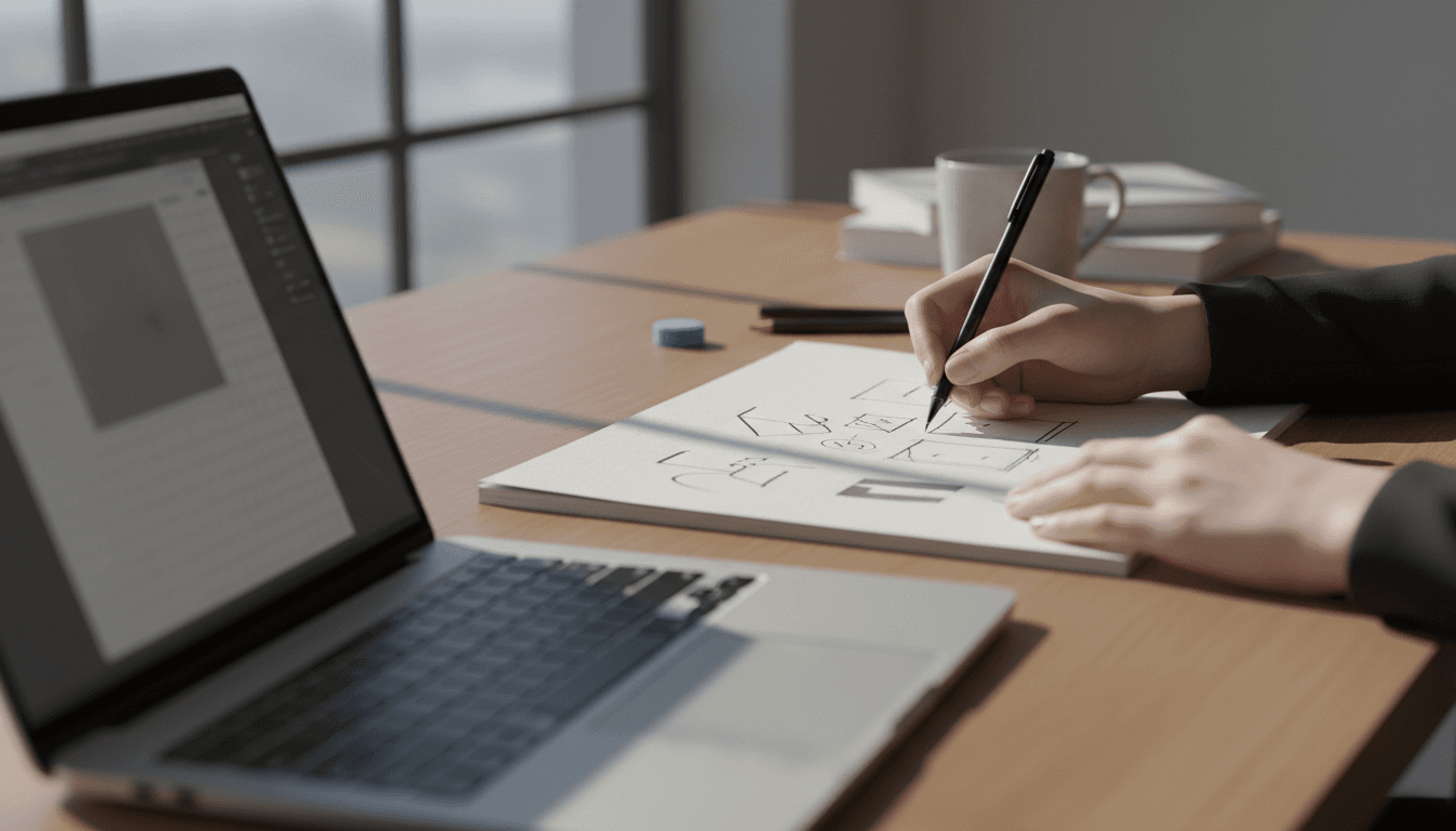 Designer's hands working on brand sketches at a wooden desk with natural light