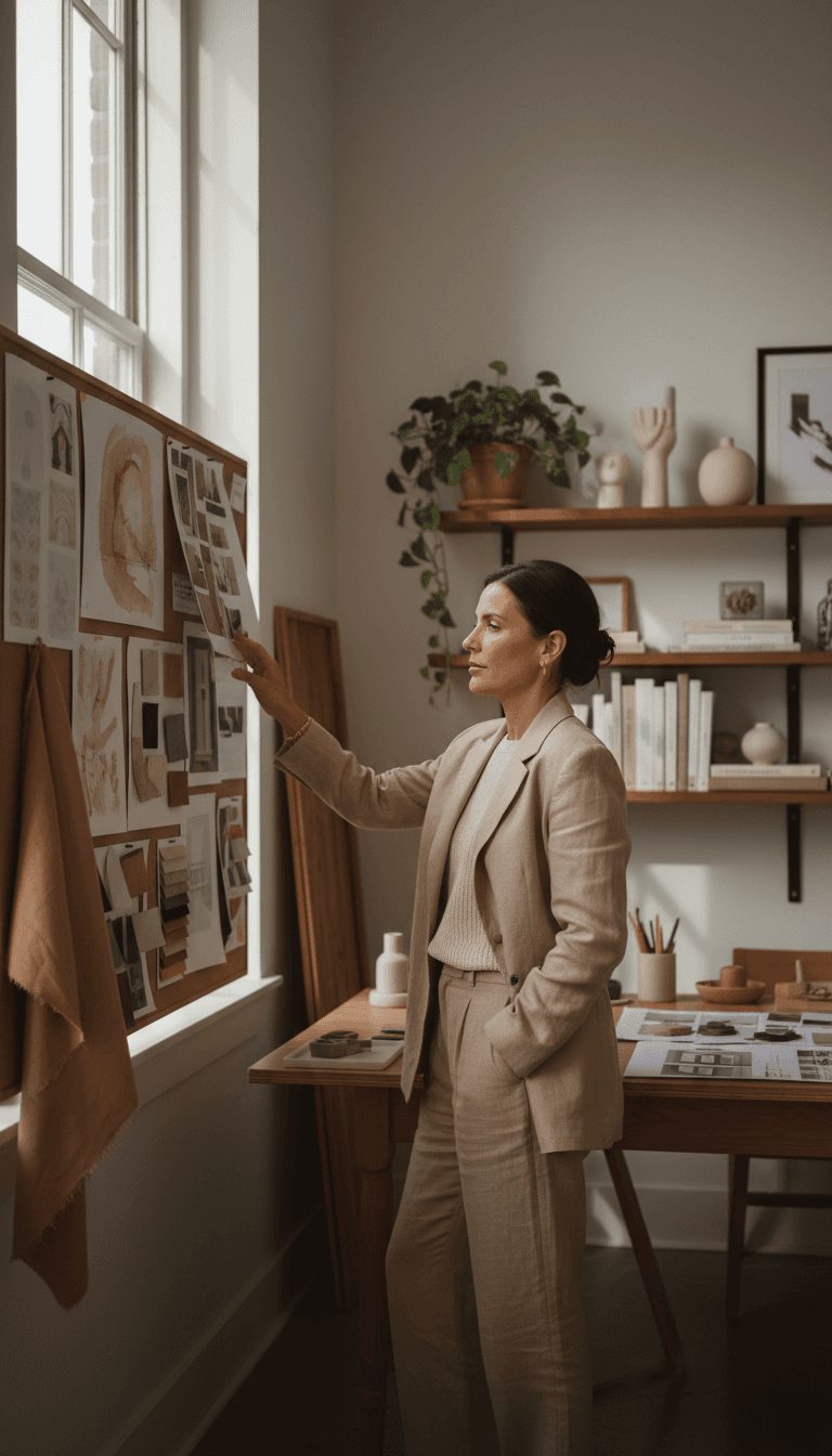 Creative director in studio workspace with design concepts