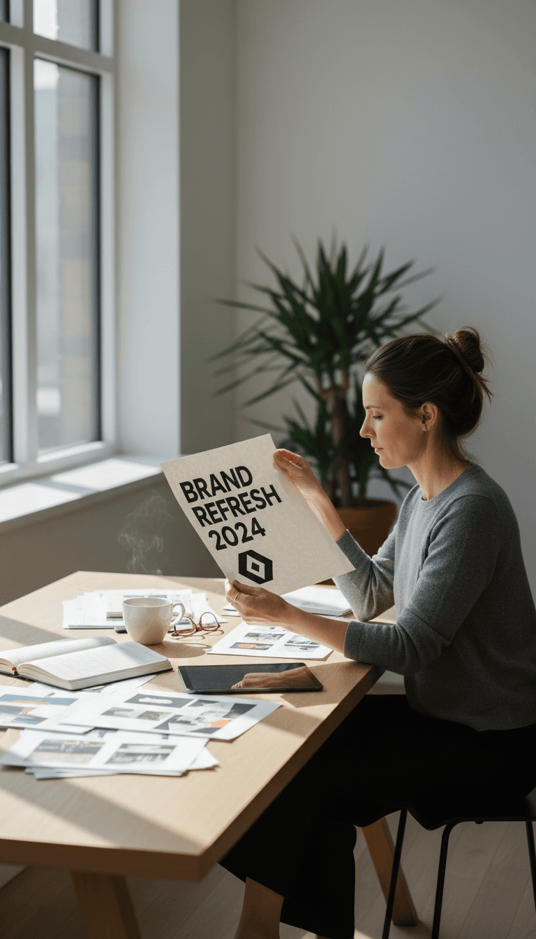 Creative director reviewing brand guidelines at a minimalist workspace with soft natural light