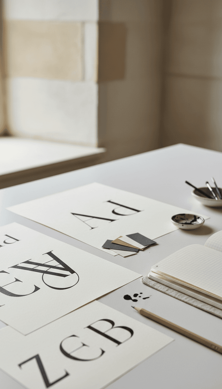 Designer's workspace with typography sketches and brand identity systems