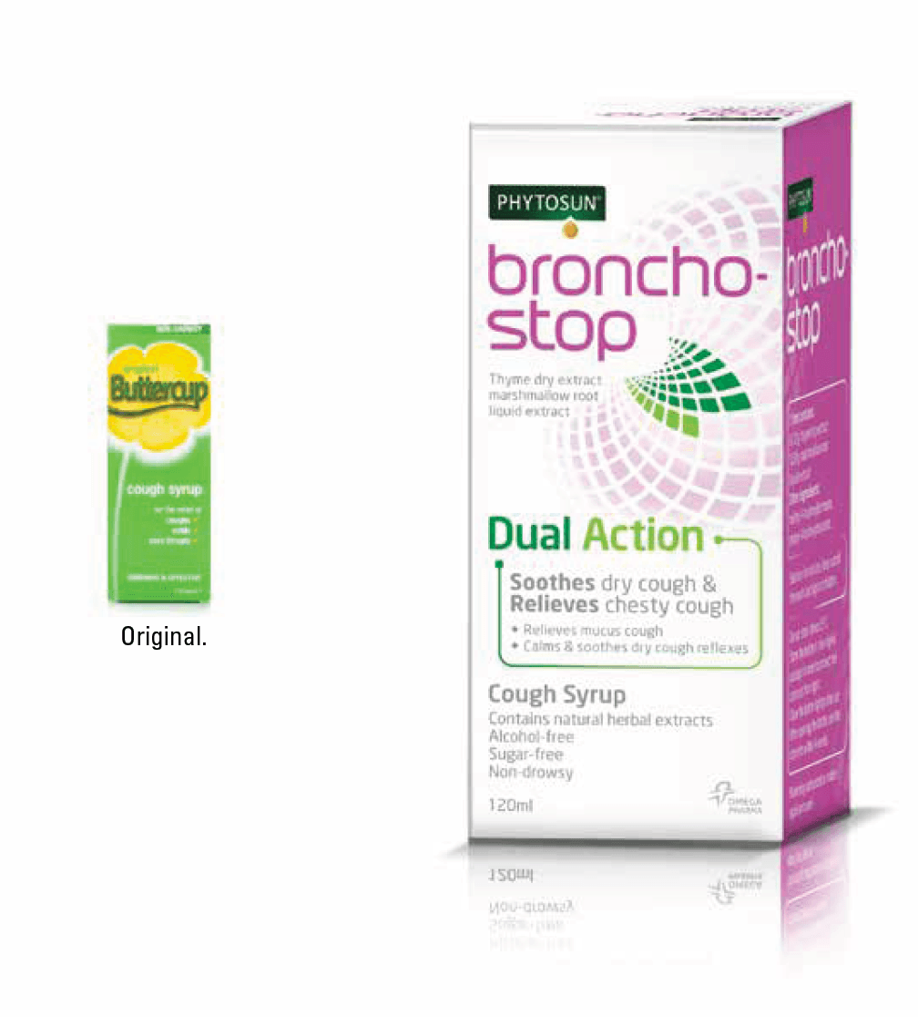 Buttercup Original cough syrup and Broncho-stop Dual Action cough syrup boxes side by side.