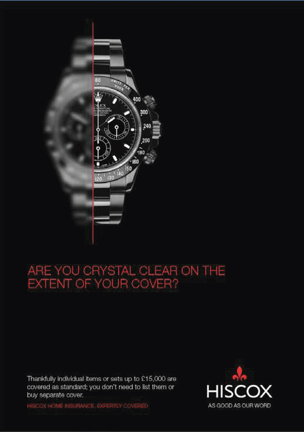 Hiscox insurance ad featuring a luxury watch, half blurred and half sharp, emphasizing coverage clarity.