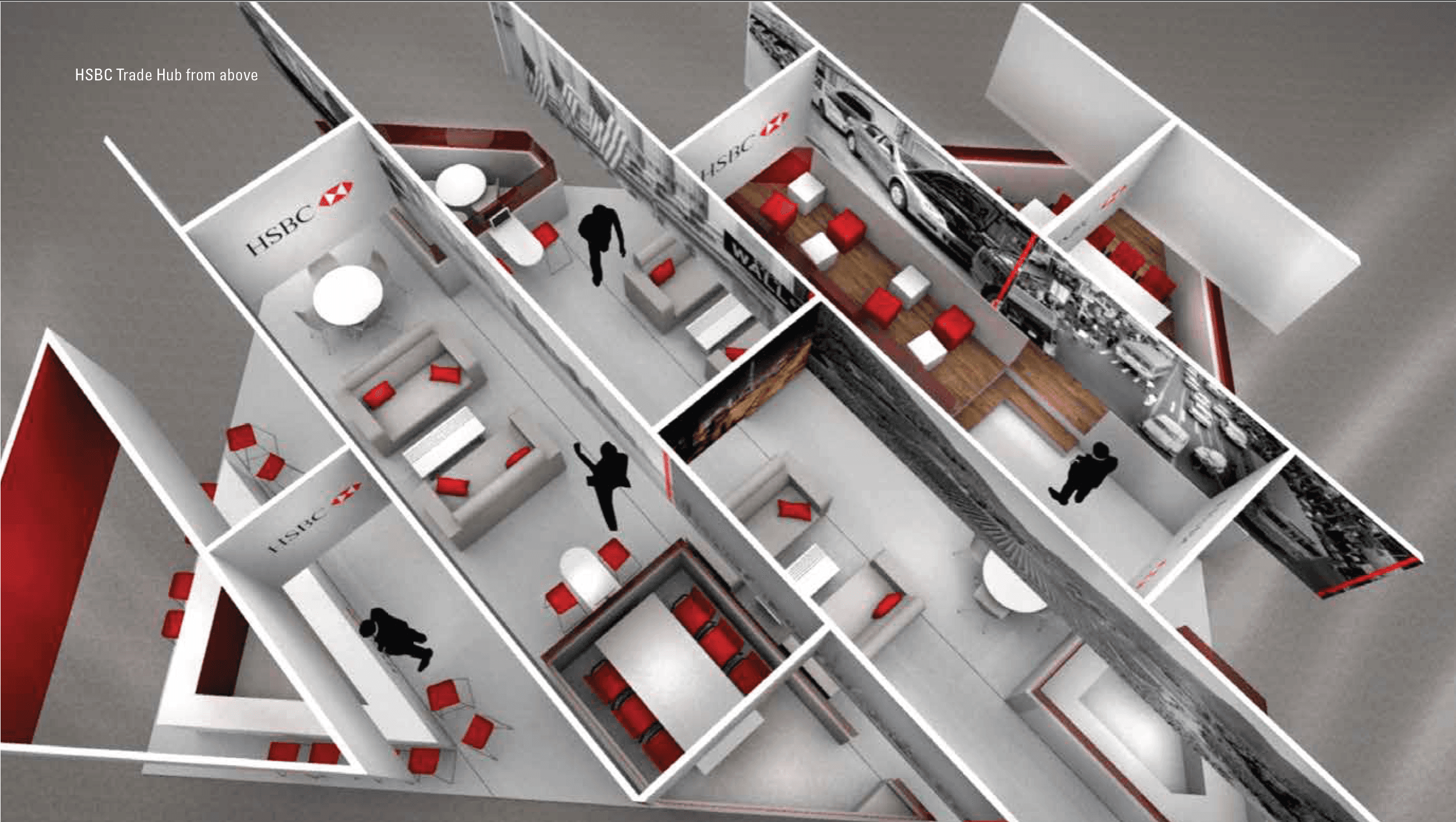 Aerial view of a modern HSBC exhibition booth with white walls, red seating, and murals.