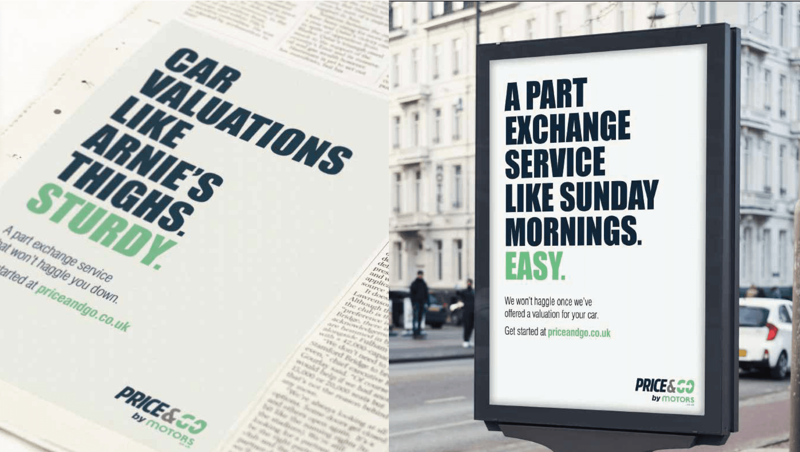 Newspaper and billboard advertisements for Price&Go car valuation services featuring bold, humorous marketing slogans.